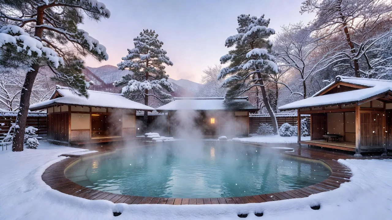 箱根の露天温泉と雪景色