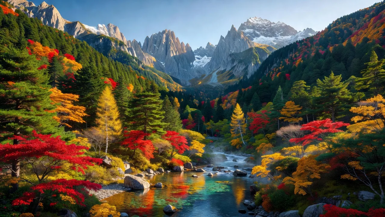 紅葉に染まる上高地と北アルプスの山並み