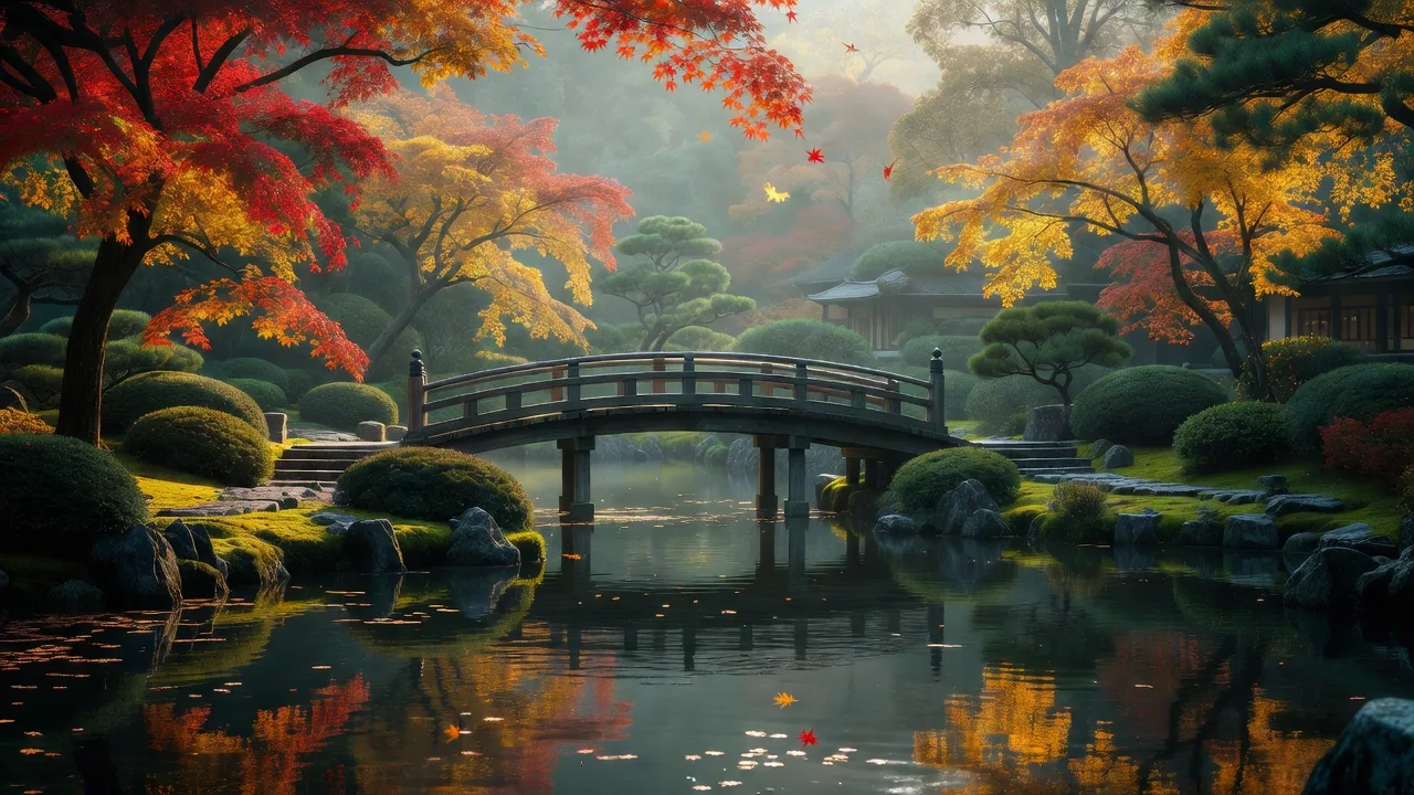 紅葉に染まる金沢・兼六園の庭園風景