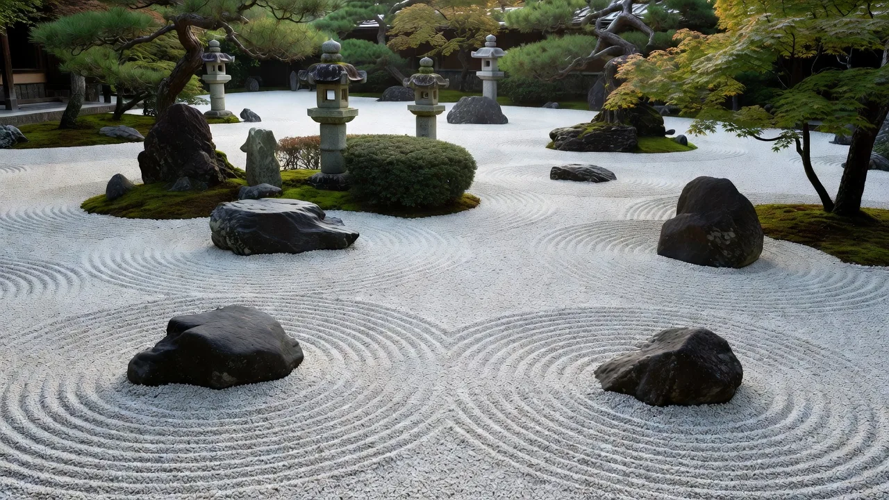 京都の枯山水庭園、砂紋と石組み