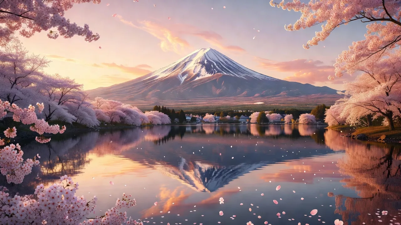 湖面に映る夜明けの富士山